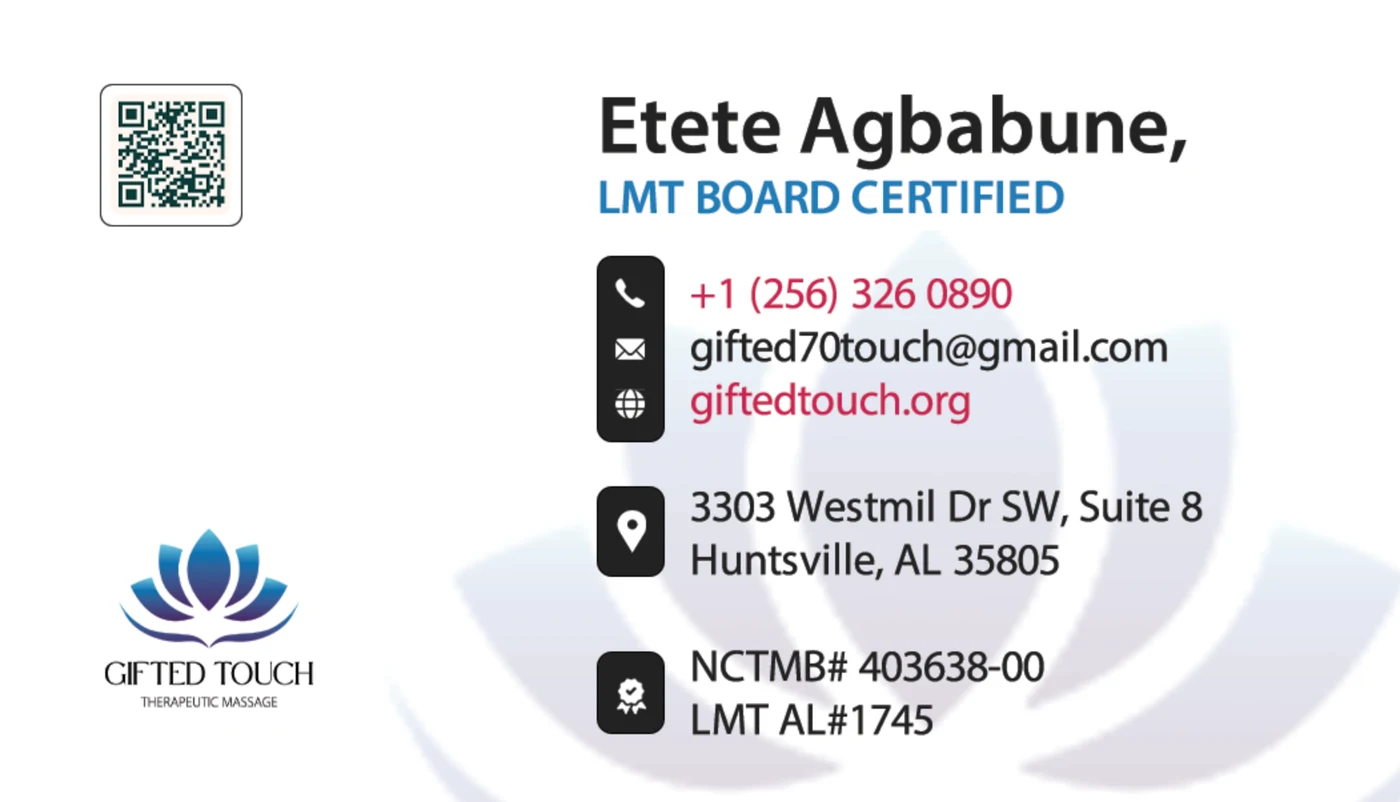 Business card, back: Etete Agbabune, LMT, board certified, with the phone number, email, website, studio address and license numbers listed on this page.