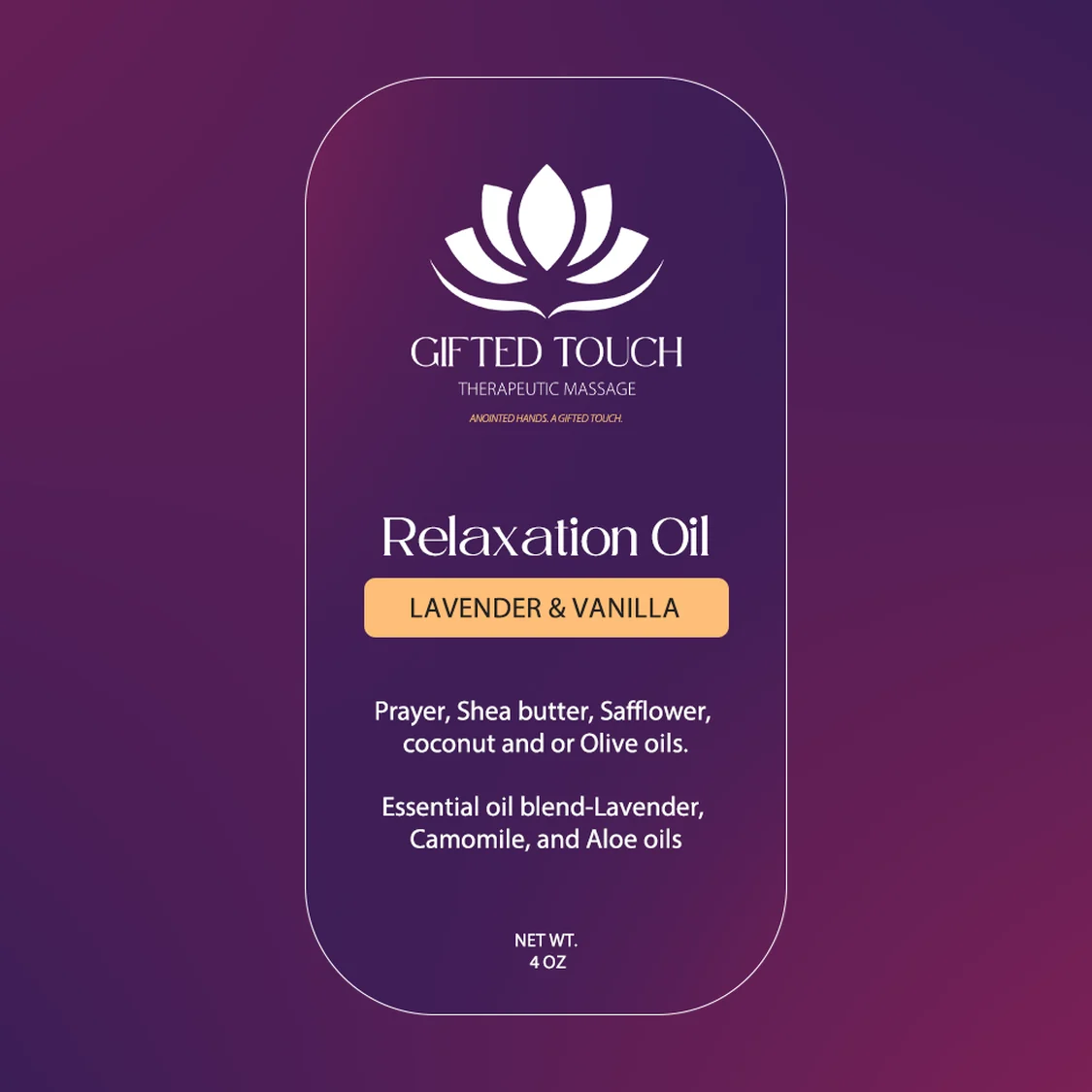 Relaxation Oil label: Gifted Touch, Lavender and Vanilla, on the label's purple gradient